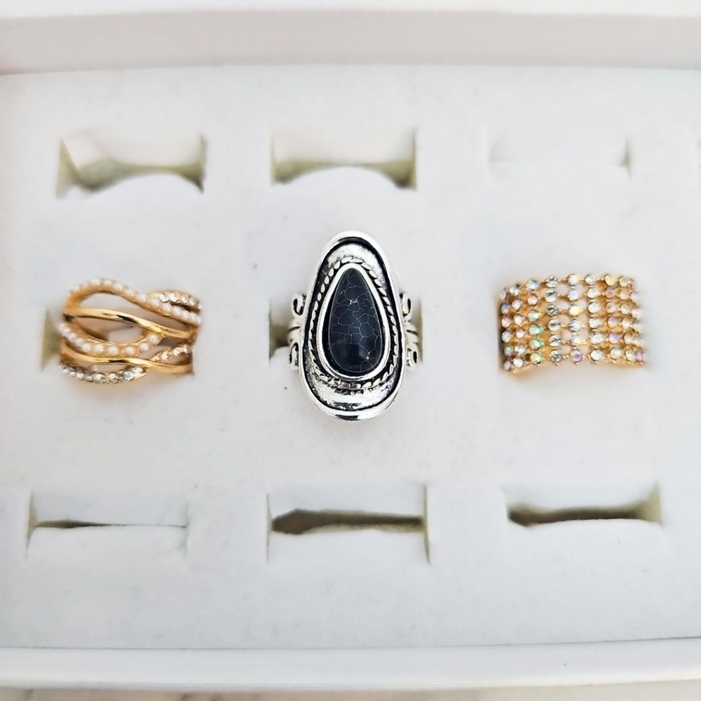 3pc Ring Set Black Stone Silver Gold Rhinestone Pearl Casual Cocktail
